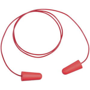 Red earplug with a cord.