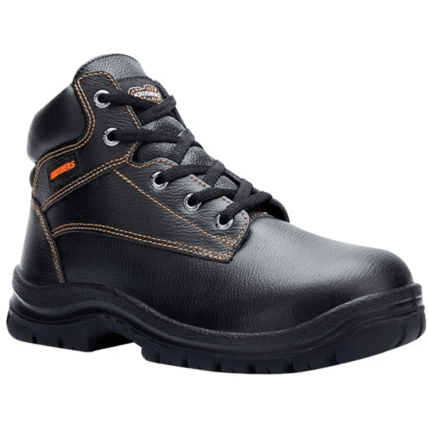 Black safety boot with orange trim, ideal for construction workers.