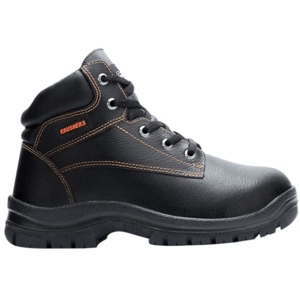 A black safety boot with orange trim, providing protection and style.