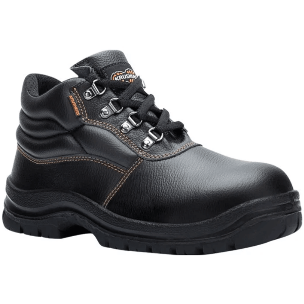 Black safety shoe with lace on side, ideal for work environments requiring protective footwear.