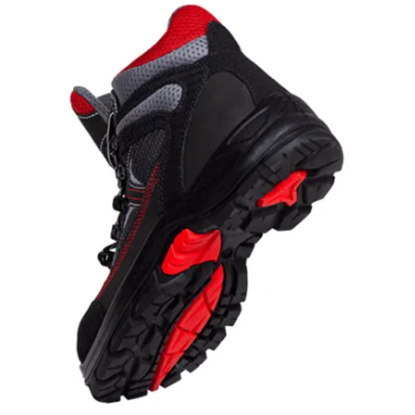 A black and red hiking shoe on a white background.