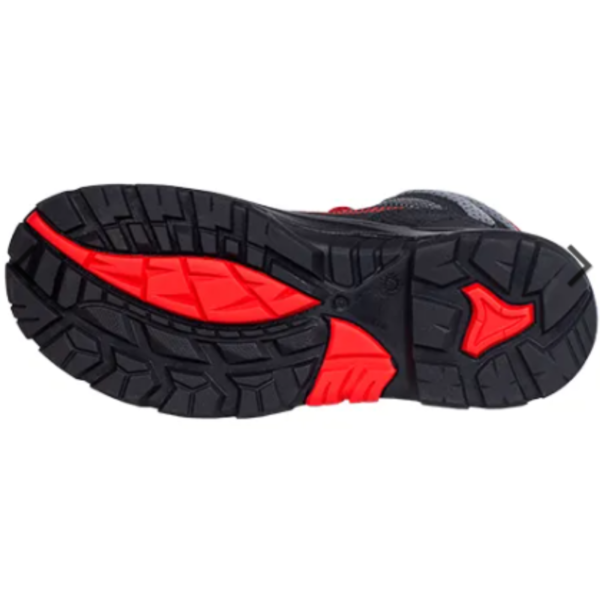 Black and red hiking shoe sole with deep treads for traction on rough terrain.