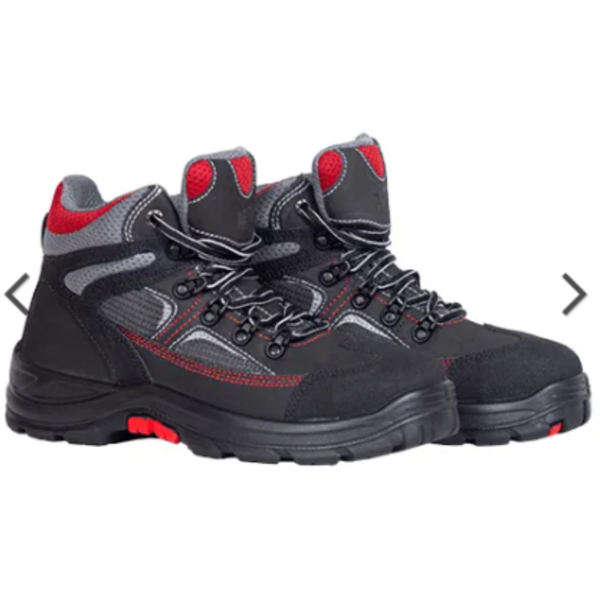 Safety shoes for men with red and black trims, providing protection and style for any work environment.