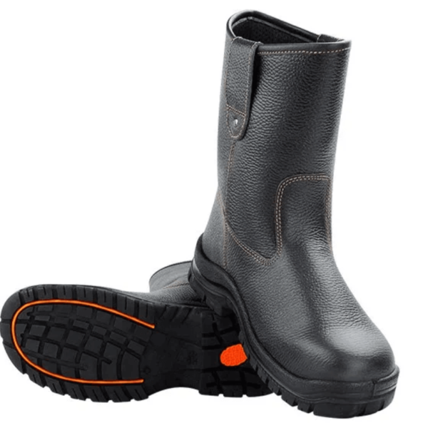 Black leather work boots with orange outsoles, perfect for rugged outdoor activities.