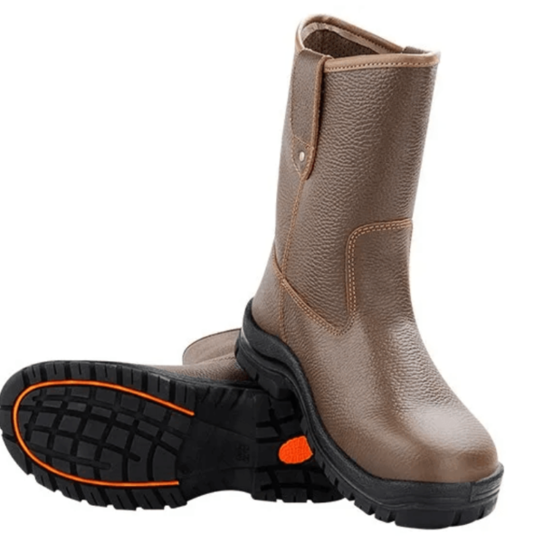 A pair of brown leather work boots with vibrant orange outsoles, perfect for rugged outdoor activities.