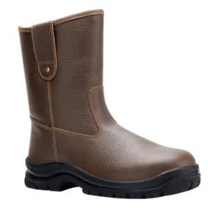 A brown leather safety boot on a white background.