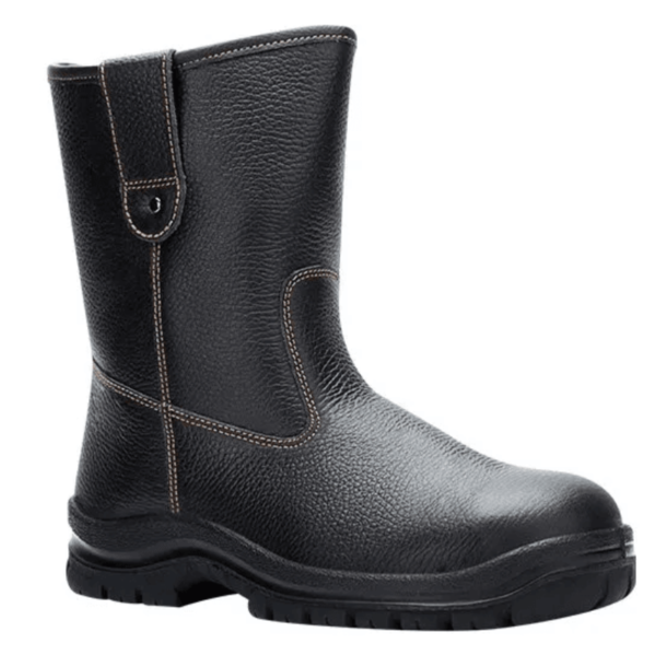 A black leather safety boot on a white background.