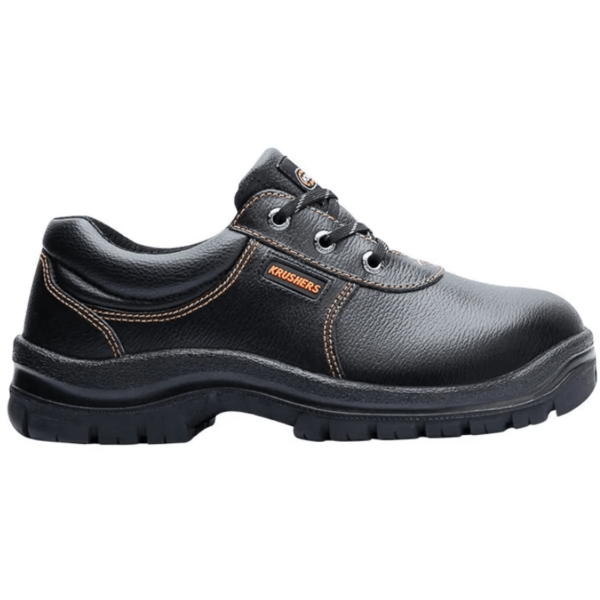 A black safety shoe with orange trim, providing protection and style for the workplace.