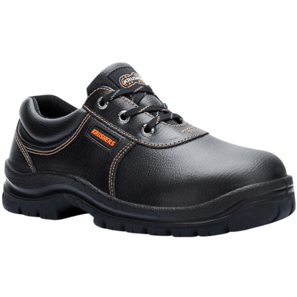 Men's black safety shoe with orange trim. Provides protection and style for work environments.