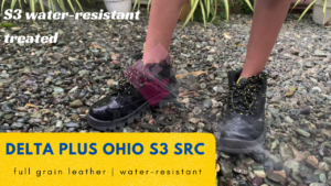 DELTA PLUS OHIO S3 SRC black safety shoes sprinkled with water