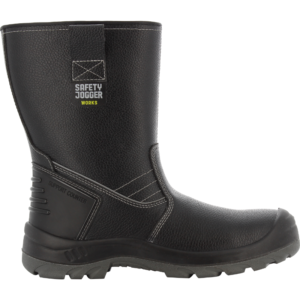 a black boot with white stitching