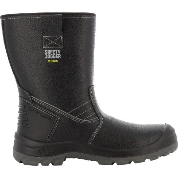 a black boot with white stitching