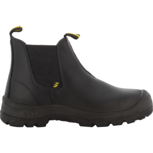 a black boot with yellow accents