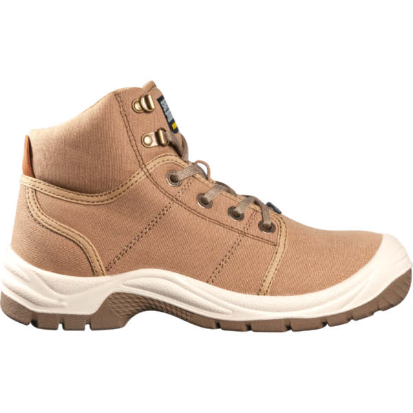 Side view of a single beige Safety Jogger Desert ankle boot on a white background.