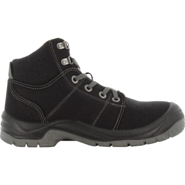 Side view of a single black Safety Jogger Desert ankle boot on a white background.