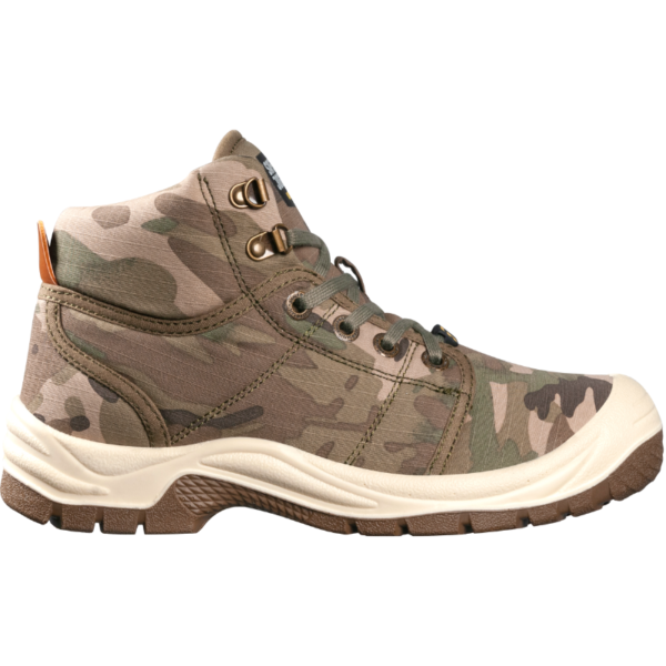 Safety Jogger desert camo-print tactical boot isolated on white background.