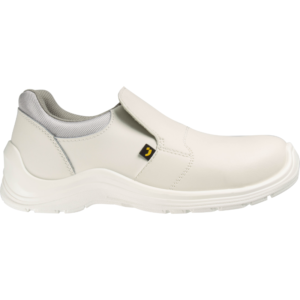 A white shoe with a yellow logo.