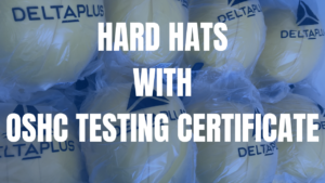 HARD HATS WITH OSHC TESTING CERTIFICATE text in blue background with yellow hard hats