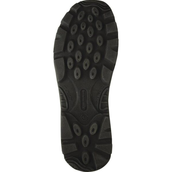 Black shoe sole with traction holes for better grip.