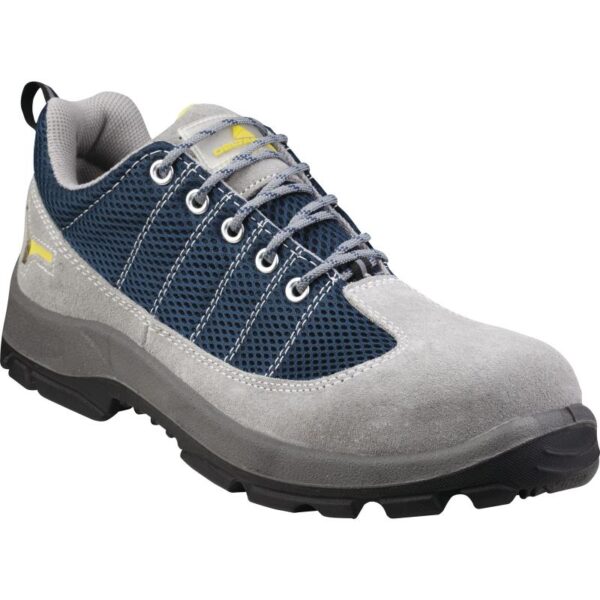 Men's safety shoe in grey and blue color scheme for work or casual wear.