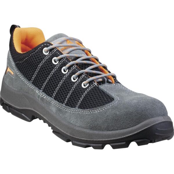 Grey and orange safety shoe for men, designed for protection and style.