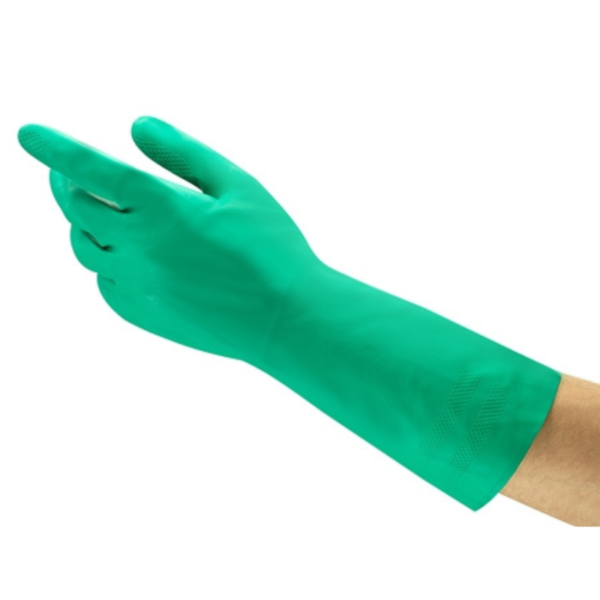 Green latex gloves with a finger pointing, ideal for hygiene and safety purposes.