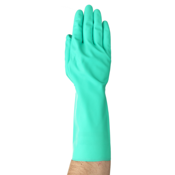 A person wearing a green latex glove, ready for laboratory work.