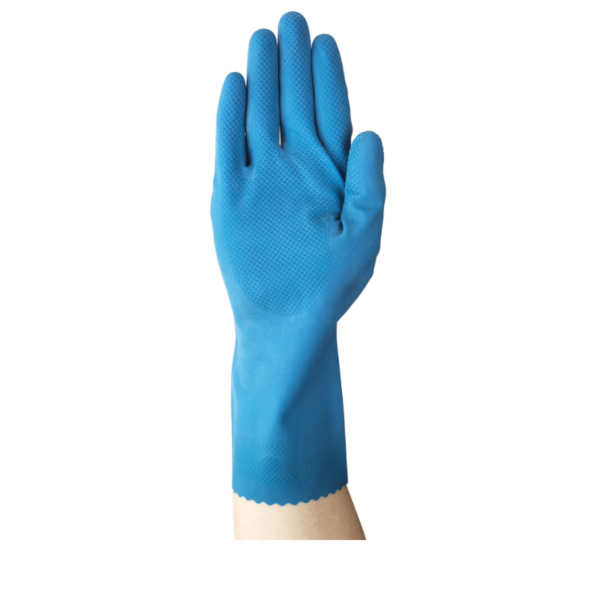 Blue latex glove with matching blue palm, ideal for medical or laboratory use.