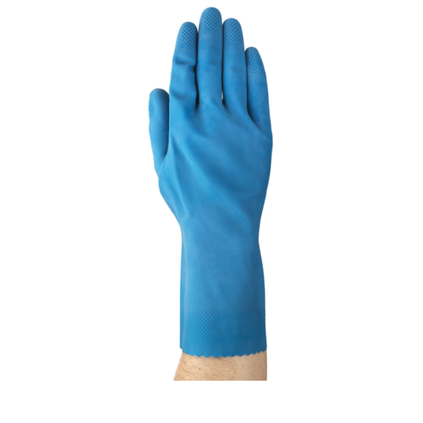 Blue nitrile gloves with rubber palm, providing protection and grip for various tasks.