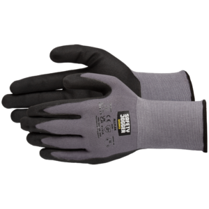 Black and gray work gloves for protection during manual labor.