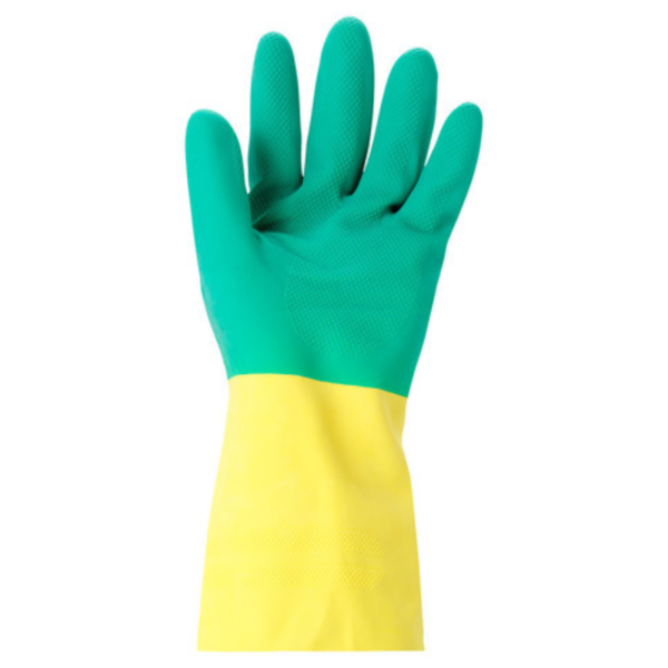 Yellow and green rubber gloves for cleaning tasks.