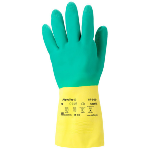 Vibrant glove in yellow and green colors, perfect for protecting hands during various activities.