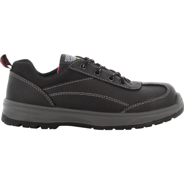 A black leather safety shoe with a grey sole, providing protection and style for the workplace.