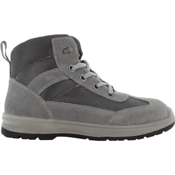 A grey suede hiking boot with a rubber sole, perfect for outdoor adventures.