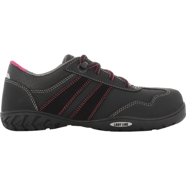 Black women's safety shoe with pink accents, ideal for work environments requiring both style and protection.