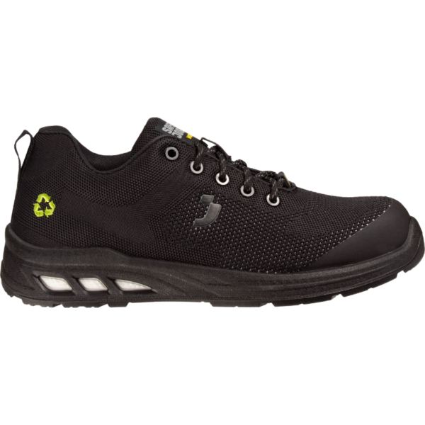 Black safety shoe with yellow detailing, providing protection and style for any work environment.