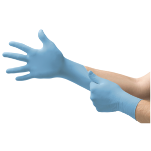 Blue nitrile gloves with a thumbs up gesture.