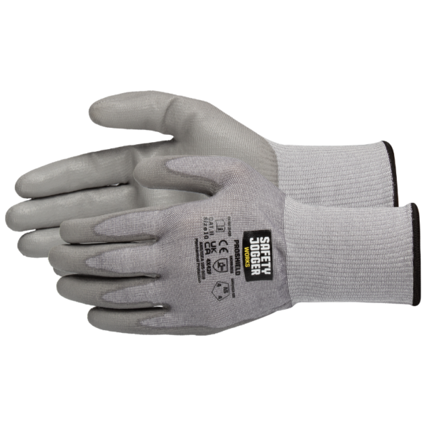 A pair of gray work gloves with a gray and black palm, designed for protection during manual labor.