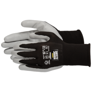 Black and gray work gloves, perfect for any job.