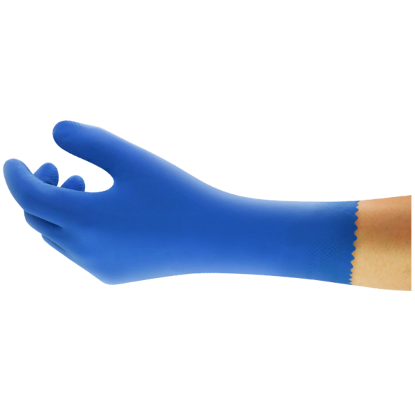 Blue nitrile gloves with a rubber band, providing protection and flexibility for various tasks.