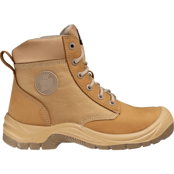 Tan leather men's safety boot with durable upper for protection in hazardous work environments.