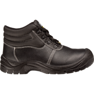 Black leather men's safety shoe with rubber outsole.