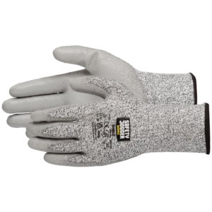 Gray work gloves with white palm, ideal for construction or gardening tasks.