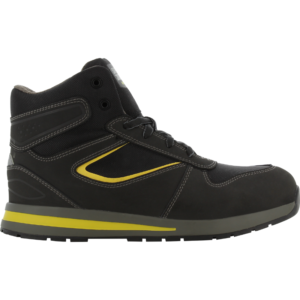 Men's safety shoe in black and yellow color scheme, ideal for safety and style at work.