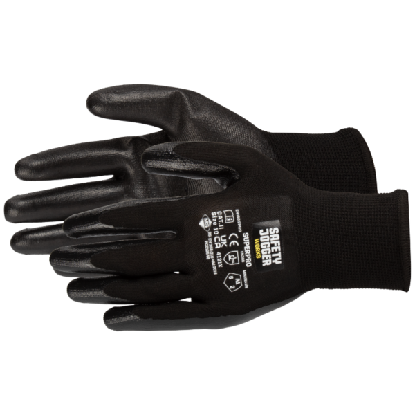 Black nitrile coated gloves with black palm and finger tips provide excellent grip and protection.