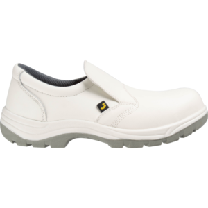 A white safety shoe with a yellow logo, providing protection and style.