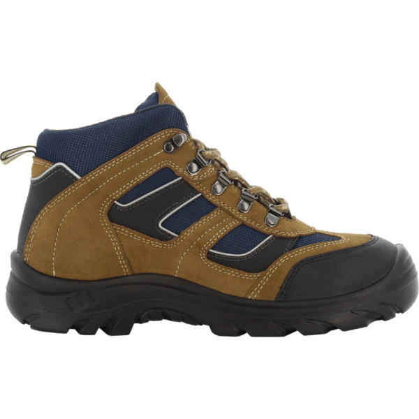 Brown and blue safety shoes for men, perfect for work environments requiring protective footwear.