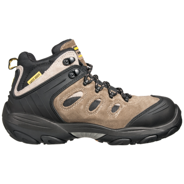 Men's safety shoe in brown and black color scheme.