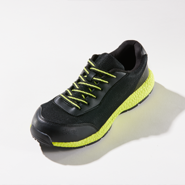 A black and yellow safety shoe with laces, providing protection and style for work environments.