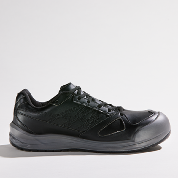 Black leather shoe with gray sole, perfect for a sleek and stylish look.